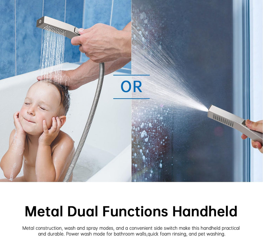 All Metal 14 Inches Rain Shower Head with Handheld Built-in Power Wash Mode, 3-way Diverter with Pause Setting