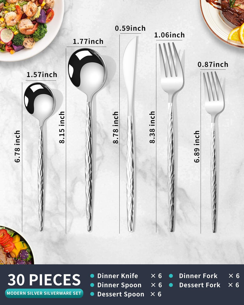 Hammered Silverware Set,30 Piece Stainless Steel Flatware Set for 6,Modern Cutlery Set,Includes Spoon Fork Knives