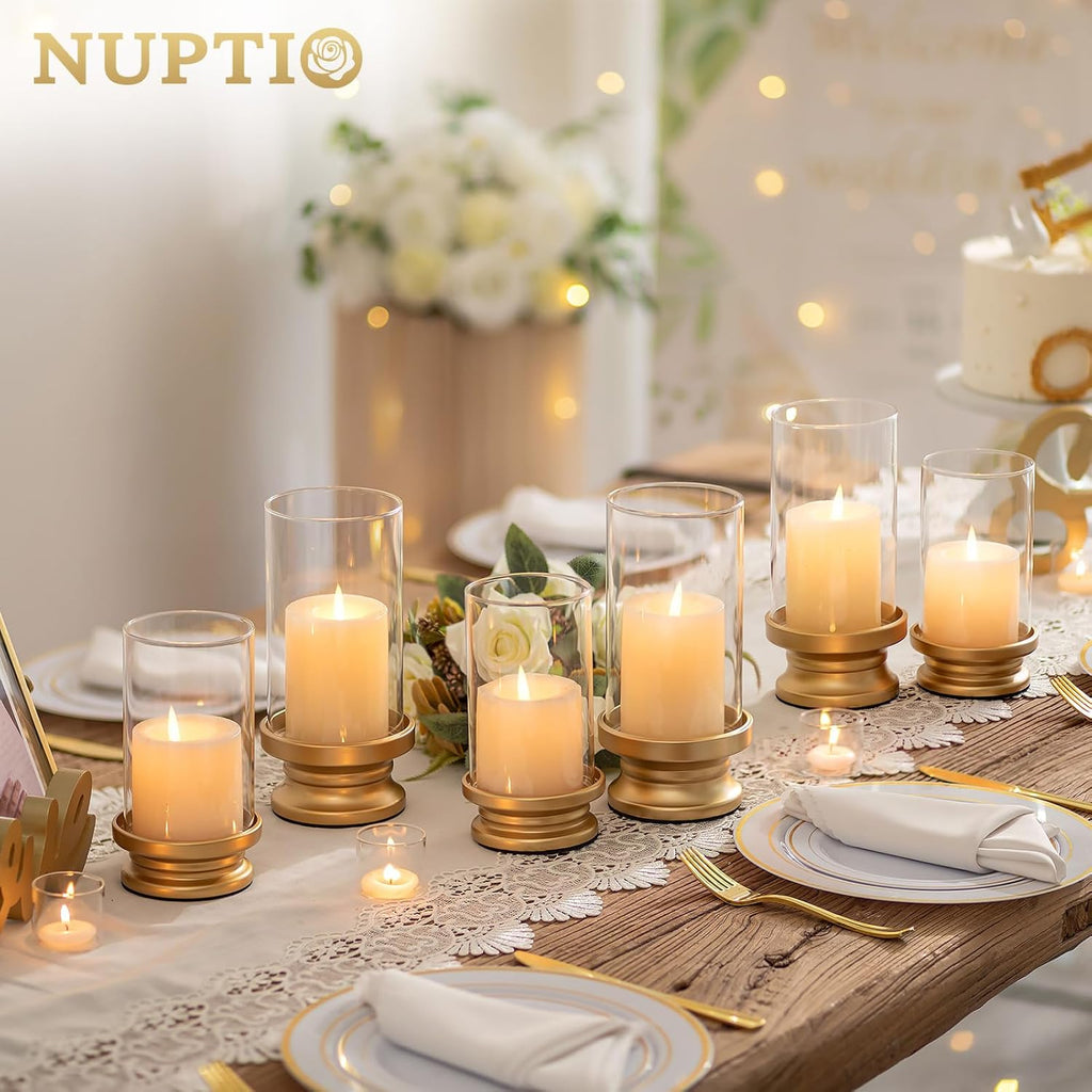 Hurricane Candle Holder Gold: Pillar Candle Holders with Clear Glass Sleeve - Set of 2 Decorative Brass Metal Pillars