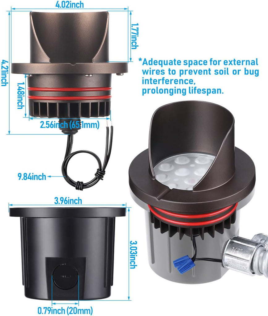 6-Pack Dia.4 Inch 3000K Well Lights Shielded Top Oil Rubbed Bronze | 12-24V AC/DC, CRI90, Landscape LED In Ground