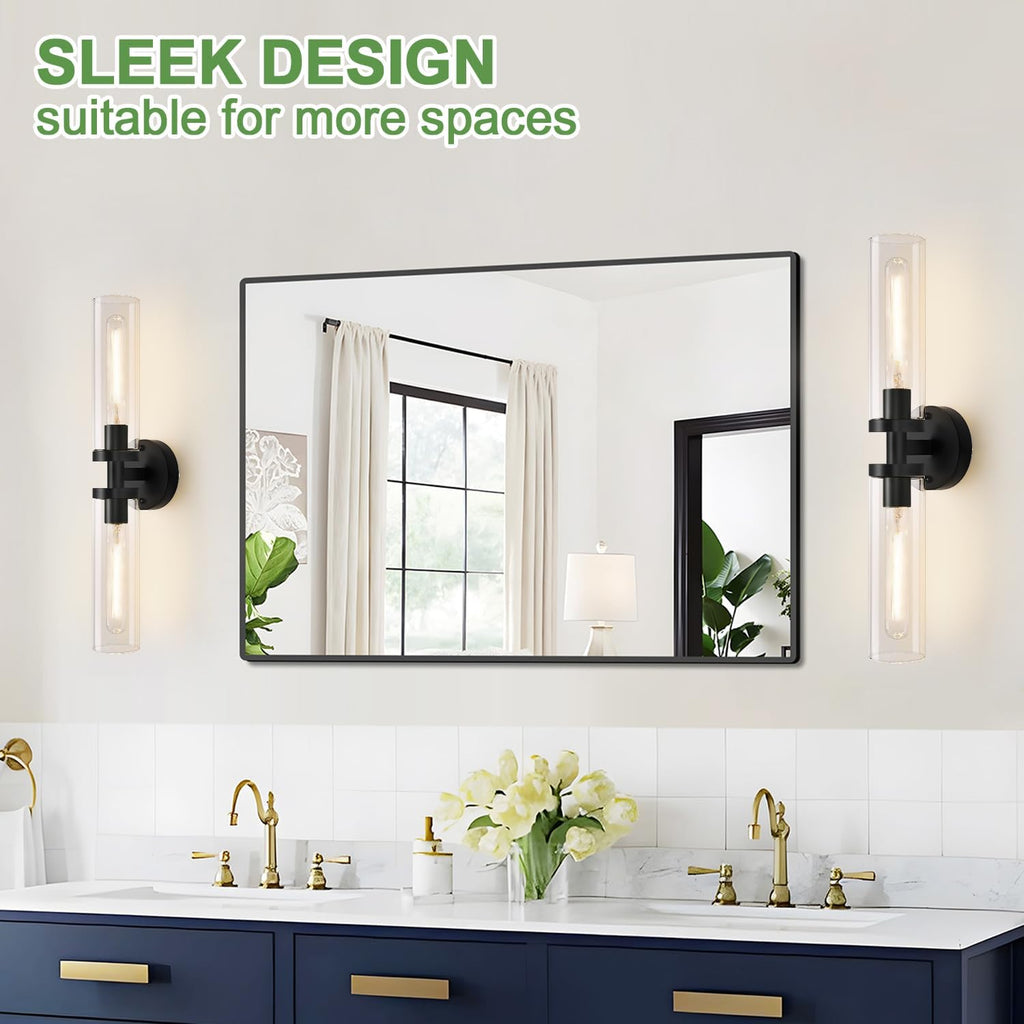 Wall Sconces Set of Two, Hardwired Matte Black Bathroom Sconces Wall Lighting with Clear Glass, Modern Sconces Wall