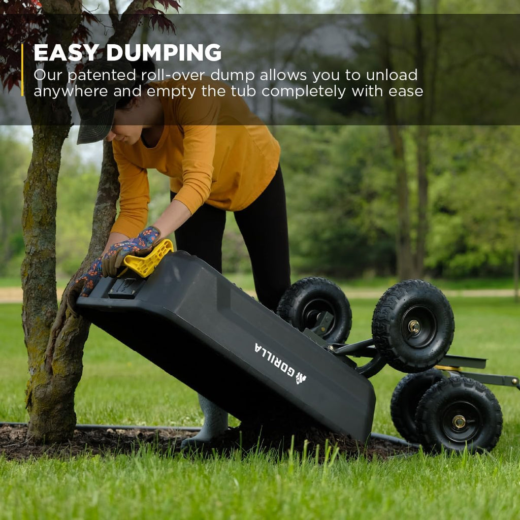 Dump Garden Cart, 4 Cu Ft, 600 lb Capacity, No-Flat Tires | Utility Wagon, Steel Frame, Patented roll-over dump