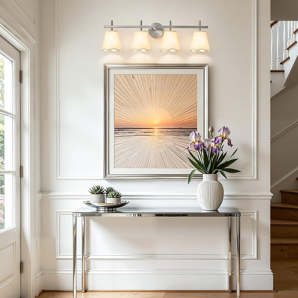 4-Light Bathroom Light Fixtures, Brushed Nickel Vanity Light,Modern Vanity Lights with Scalloped Linen Fabric Shade