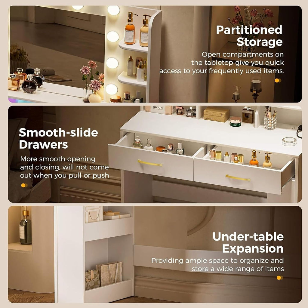 Vanity Desk with LED Lights Mirror & Charging Station, Makeup Vanity with Storage Drawers and Shelves, Modern