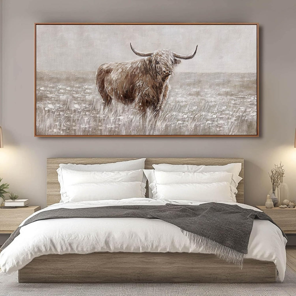 Farmhouse Highland Cow Wall Decor on Canvas with Framed Large Landscape Brown Artwork Living Room Office Decor