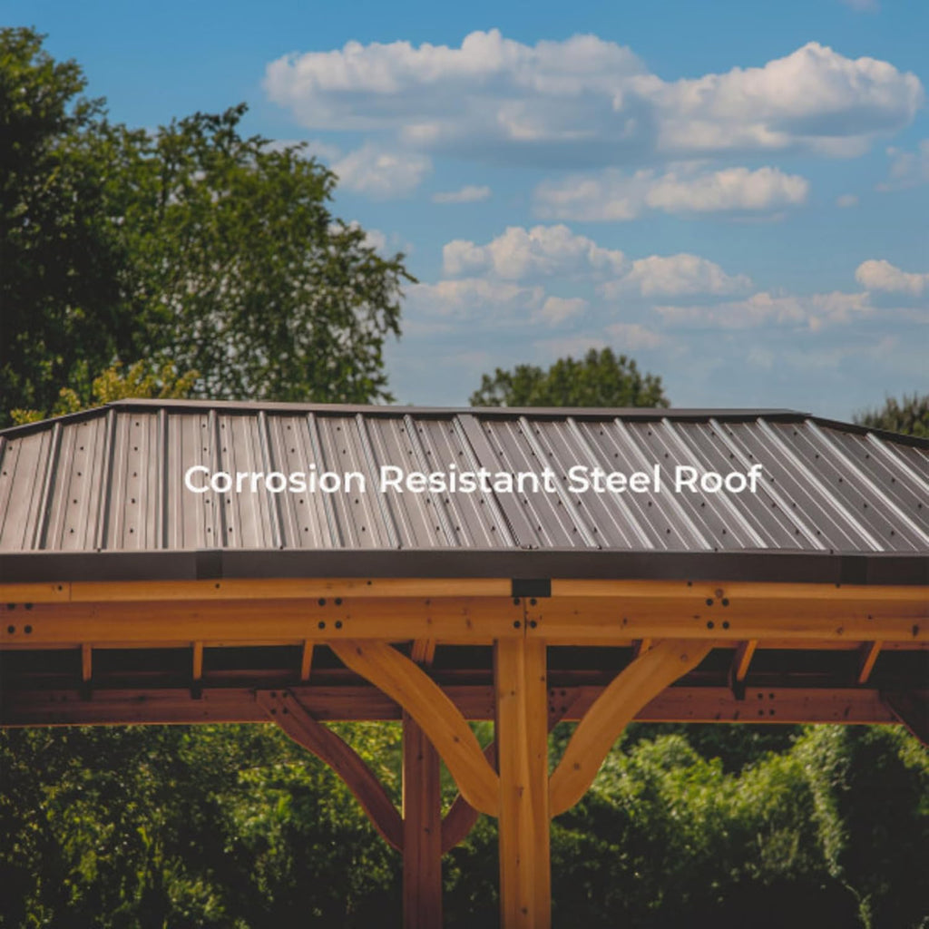20' x 12' Cedar Wood Outdoor Gazebo Pavilion with Hardtop Galvanized Steel Hip Roof, Snow Support