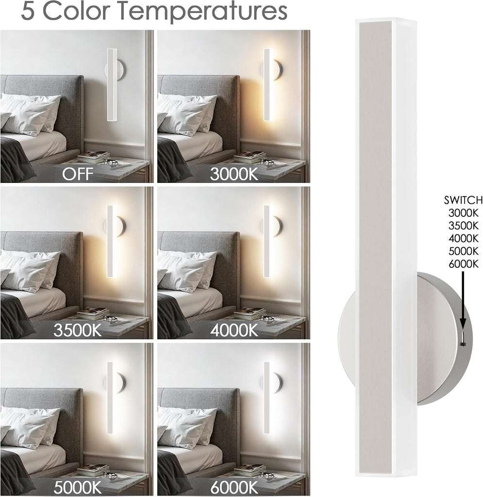Brushed Nickel Wall Sconce Hardwired Modern LED 18W Wall Sconce Set of Two, 15.7Inches Wall Lights Bedroom Hallway