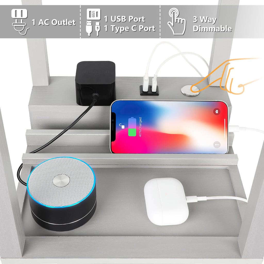 LED Shelf Floor Lamp, Modern Touch Control Dimmable Standing Lamp with 2 USB Ports and 1 Power Outlet, Corner Tall