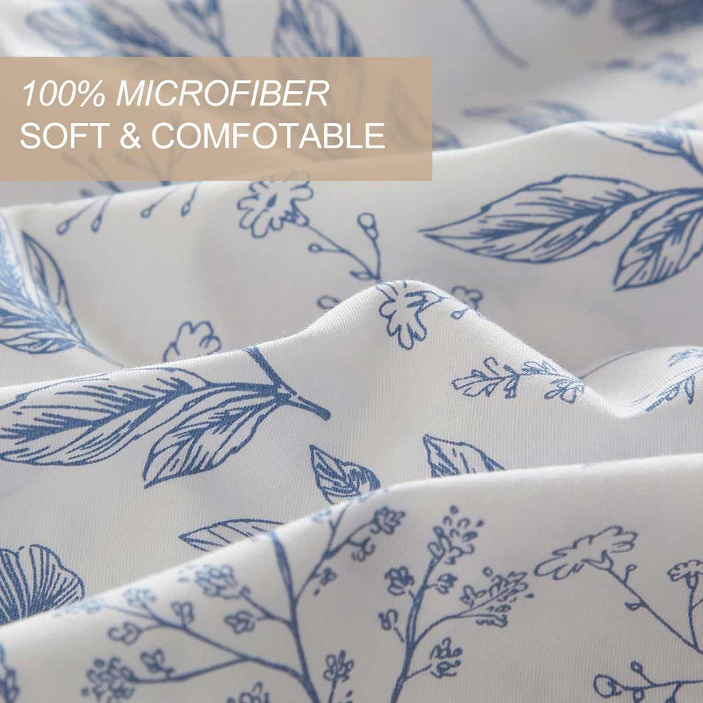Floral Duvet Cover Set, Blue and White Flower Leaf Print Pattern Bed Set, Soft Microfiber Reversible Comforter