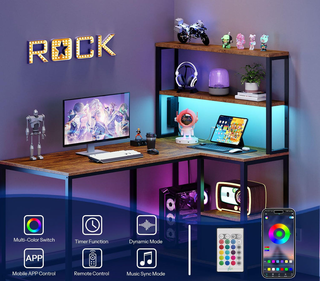 L Shaped Gaming Desk, 46 Inch Reversible Computer Desk with LED Light & Power Outlet