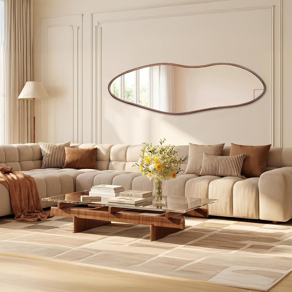 Irregular Full Length Mirror 64"X21", Cloud-Shaped Design with Rounded Oak Hardwood Frame in Black Walnut, Asymmetrical