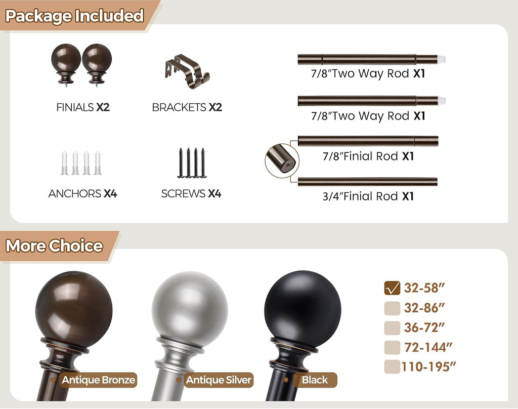 Curtain Rods, Antique Bronze Single Curtain Rod for Windows, 7/8 Inch Decorative Drapery