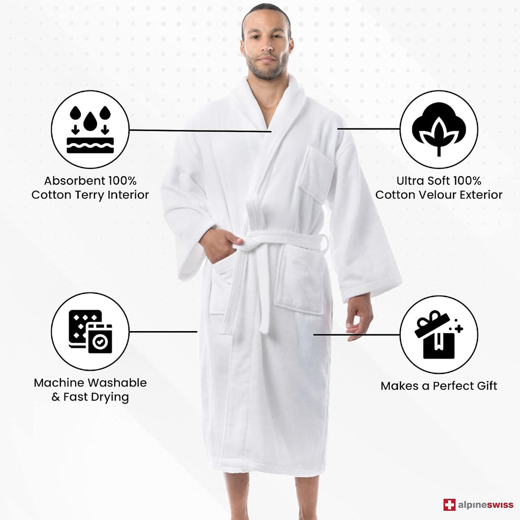 Pure Cotton Mens Terry Cloth Bathrobe Super Absorbent Spa Robe