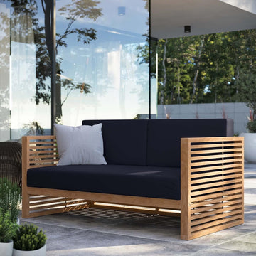 Carlsbad Outdoor Patio Teak Wood Loveseat in Natural Navy