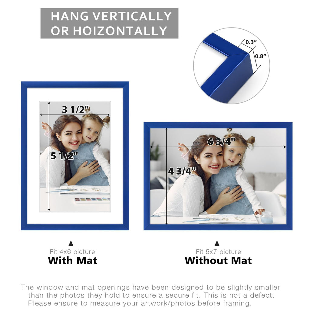 5x7 Blue Aluminum Frame with White Mat, Real Glass