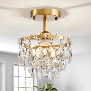 Gold Crystal Chandelier for Bedroom, Small Flush Mount Ceiling Lighting Fixture, Modern Close to Ceiling Chandelier for Foyer, Closet, W8xL8XH11