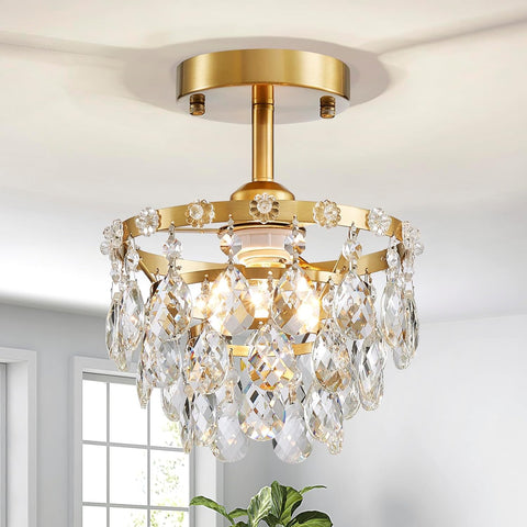 Gold Crystal Chandelier for Bedroom, Small Flush Mount Ceiling Lighting Fixture, Modern Close to Ceiling Chandelier for Foyer, Closet, W8xL8XH11 A100-B0DQL7LWBP
