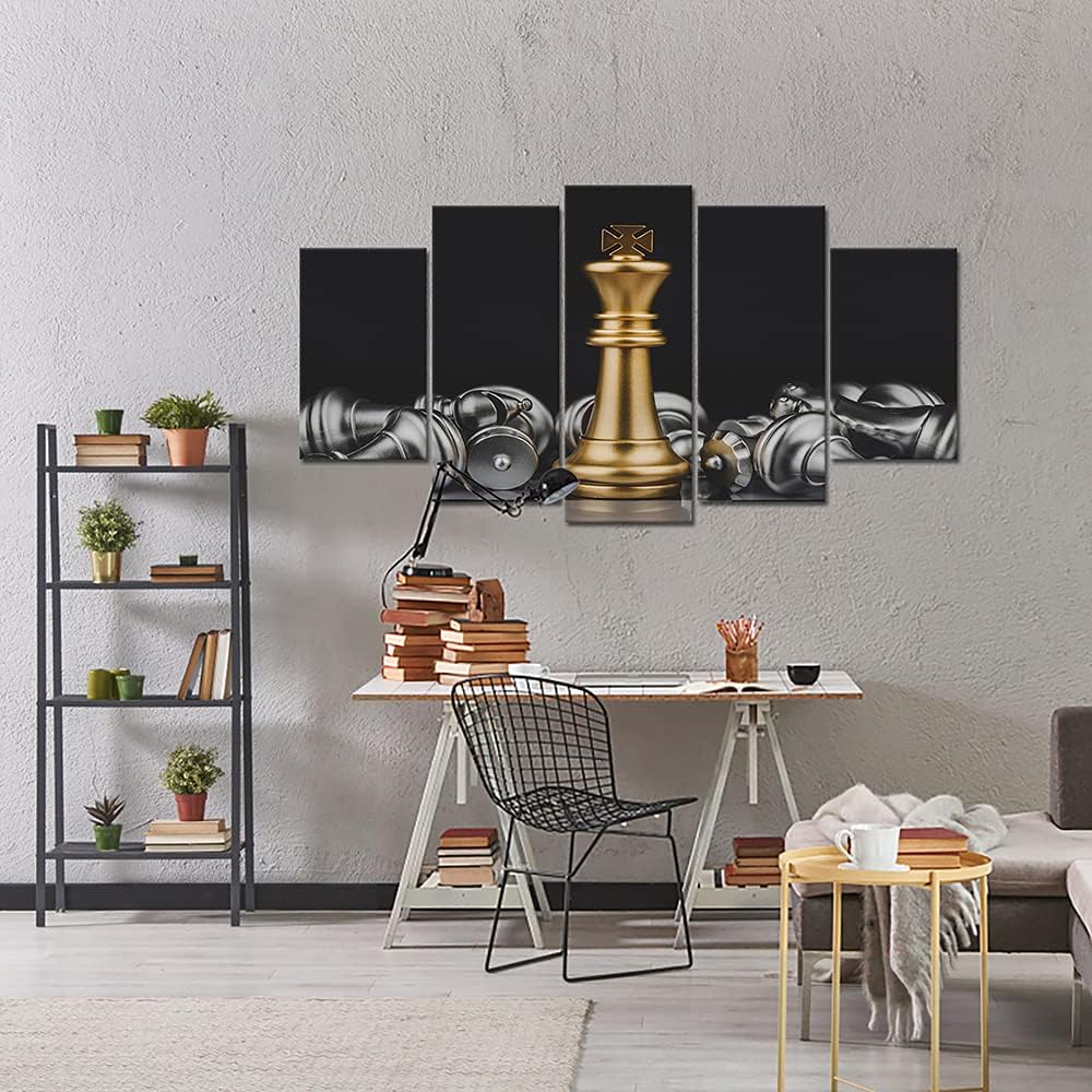 5 Panel Chess Canvas Wall Art Prints King and Knight Game Picture Painting Black and Gold Artwork Decoration Ready to