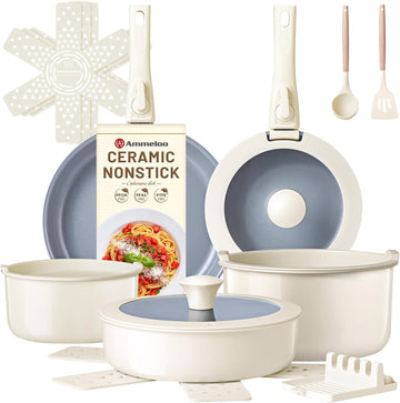 18-Piece Ceramic Pots and Pans Set Non Stick, Non Toxic Cookware Set with Removable Handles, Pot Sets for Cooking