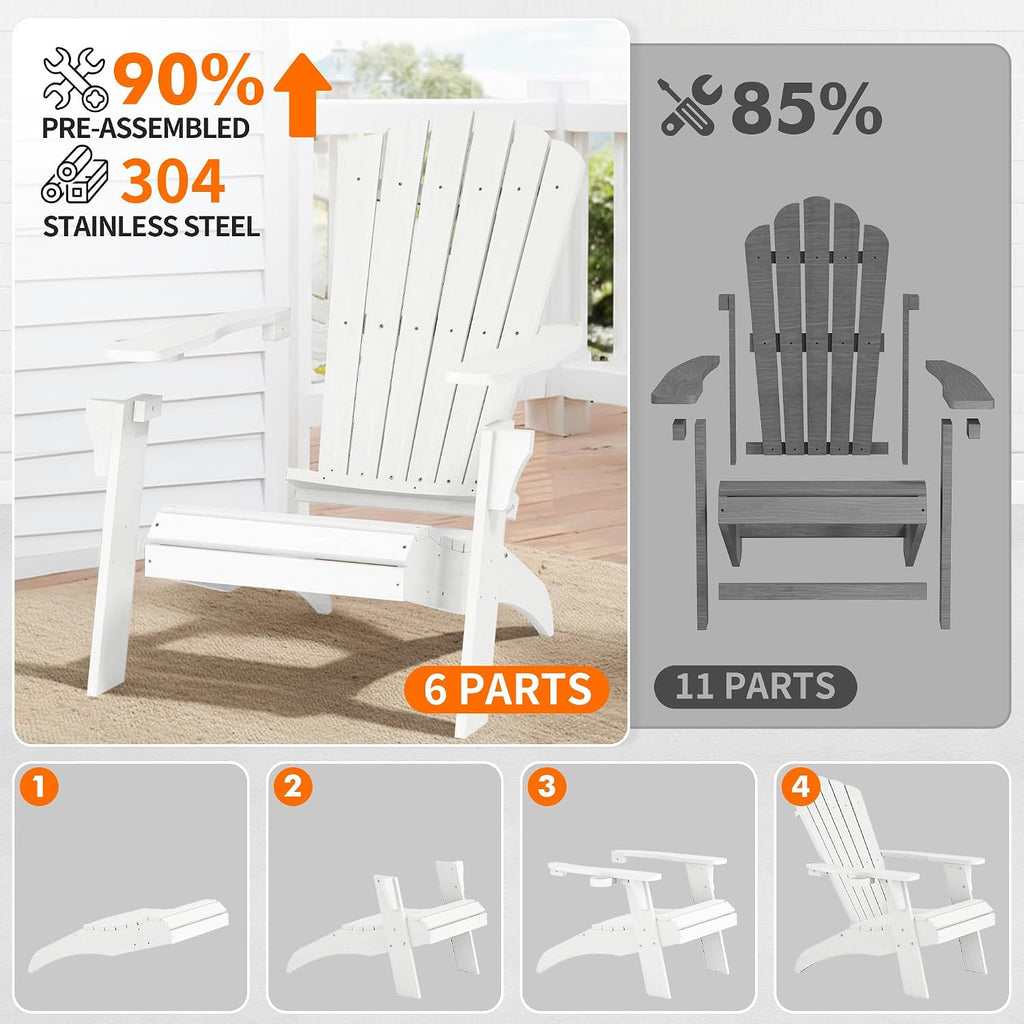 Oversized Adirondack Chairs with Cup Holder, White | Poly Lumber Patio Chairs,350Lbs Support, All Weather Patio