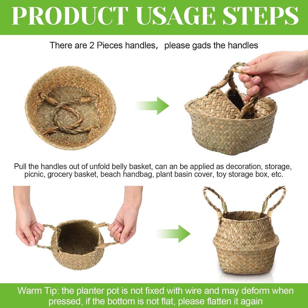 4 Pcs Woven Seagrass Baskets Belly Basket Folding Boho Natural Plant Pot with Handles Round Decorative Wicker Large