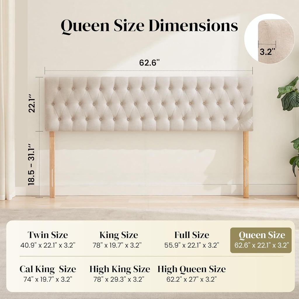 Tufted Upholstered Queen Bed Headboard in Modern Button Design, Adjustable Solid Wood Head Board, Premium Linen