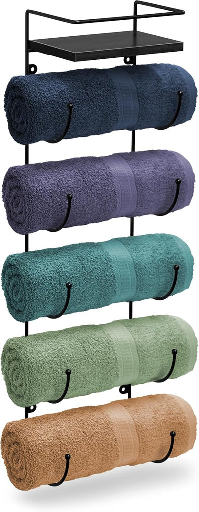 Bathroom Towel Holder - 5 Tier Metal Towel Rack with Wood Shelf for Rolled Bath Towels, Washcloths, Linens, Hand