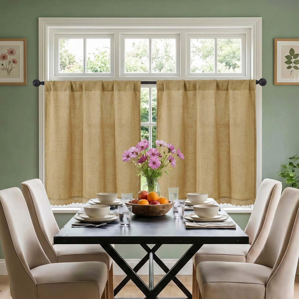 Lace Short Kitchen Curtains 36 Inch Length - Light Filtering Faux Linen Living Room Half Window Curtains, Farmhouse