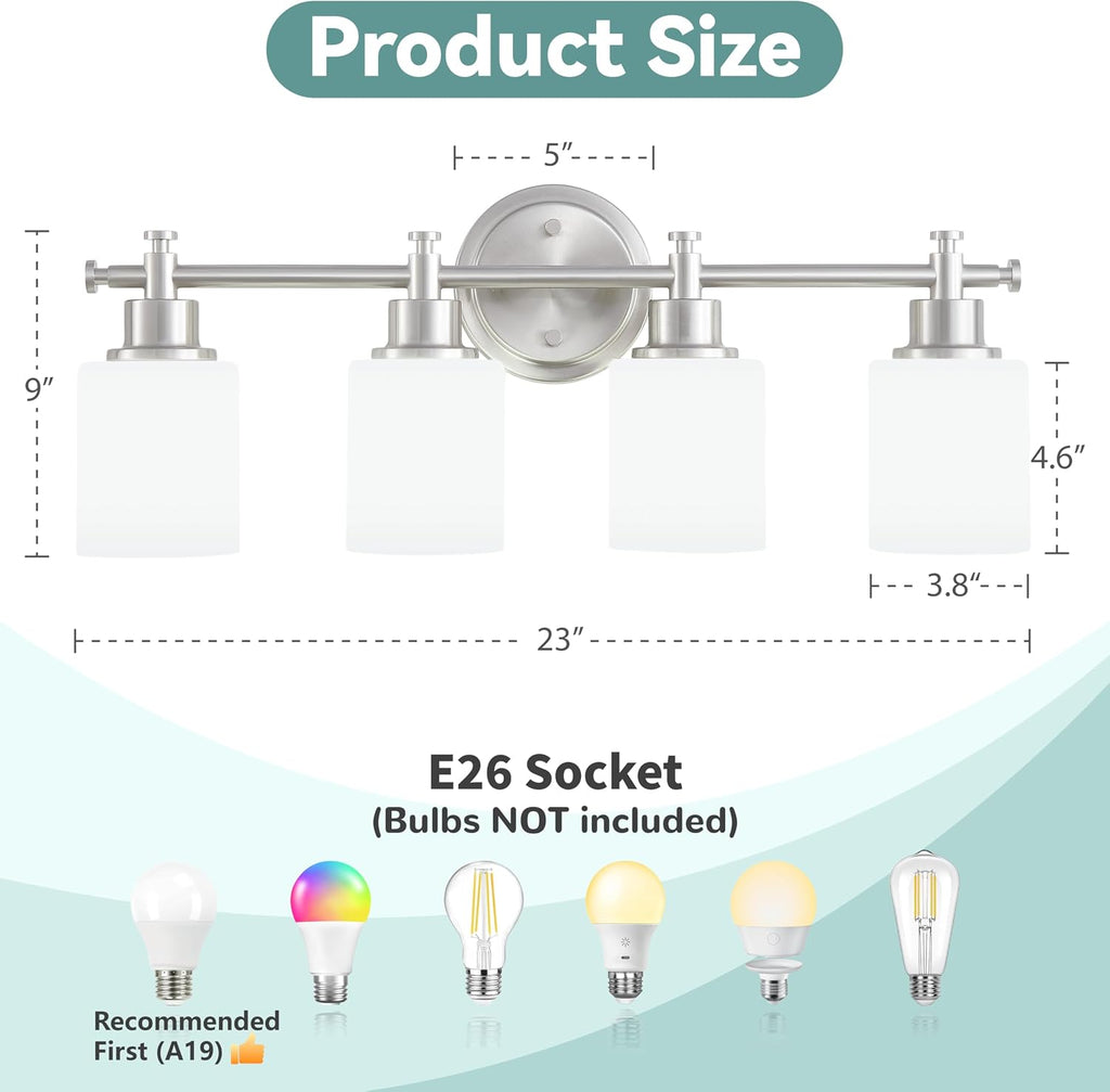 4 Light Bathroom Vanity Light, 23 In Brushed Nickel Vanity Light Fixture | Modern Anti-Rust Wall Sconce over Mirror