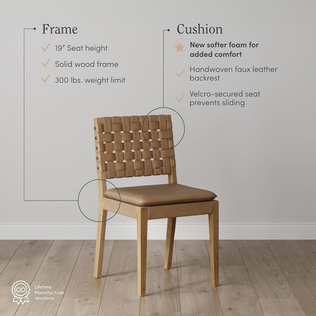 Wood Dining Chair, Mid-Century Modern Upholstered Side Chair with Hand Woven Faux Leather Backrest, 20"D x 18"W