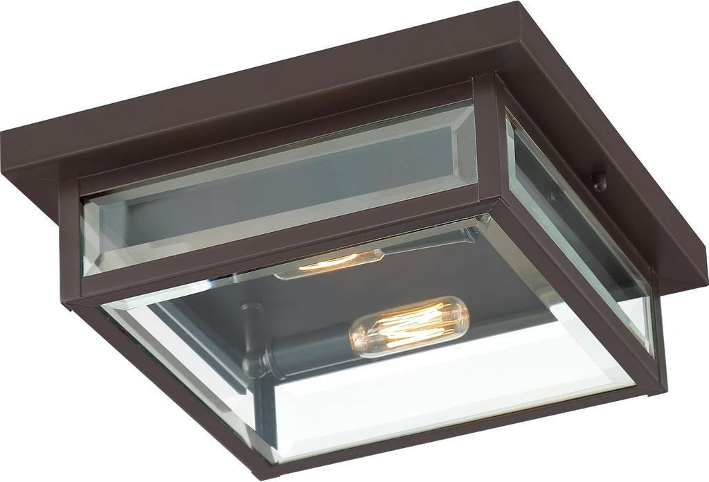 Westover 12" Outdoor Flush Mount Ceiling Light, 2-Light Western Bronze with Clear Beveled Glass, E12 Base