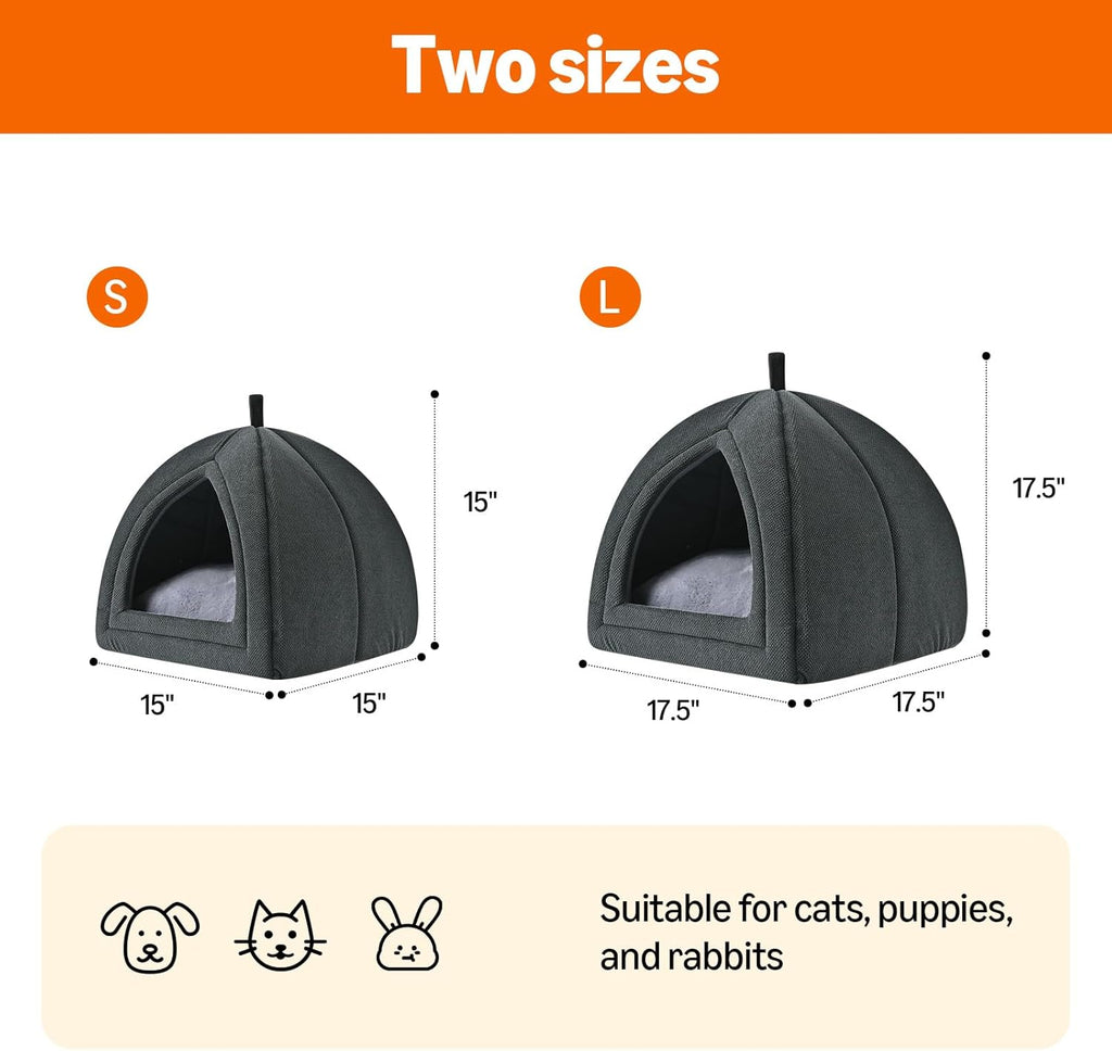 Cat Cave Bed, 2-in-1 Foldable House for Indoor Cats, with Washable Cushion and Non-Slip Base, 15 x 15 Inches, Small