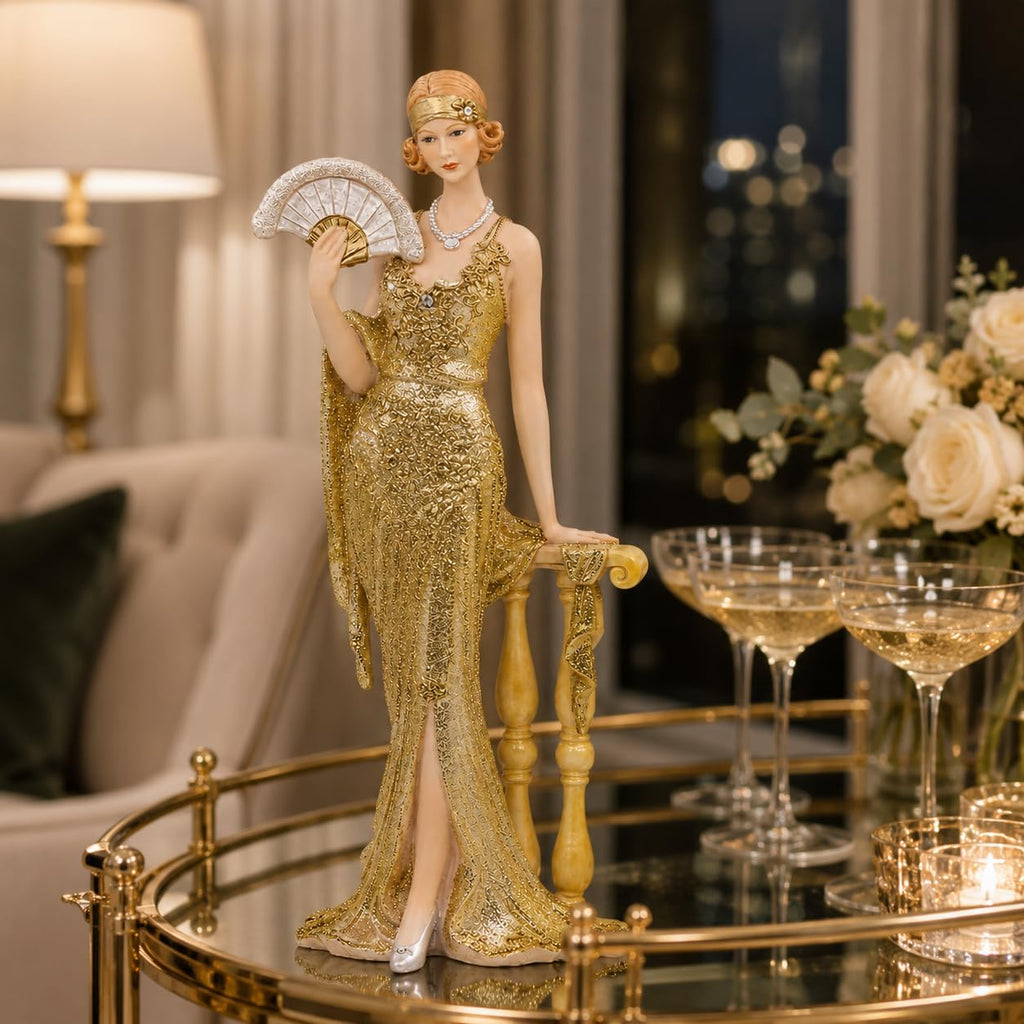 13 Inch Victorian Lady Figurine, Art Deco Fan Statue