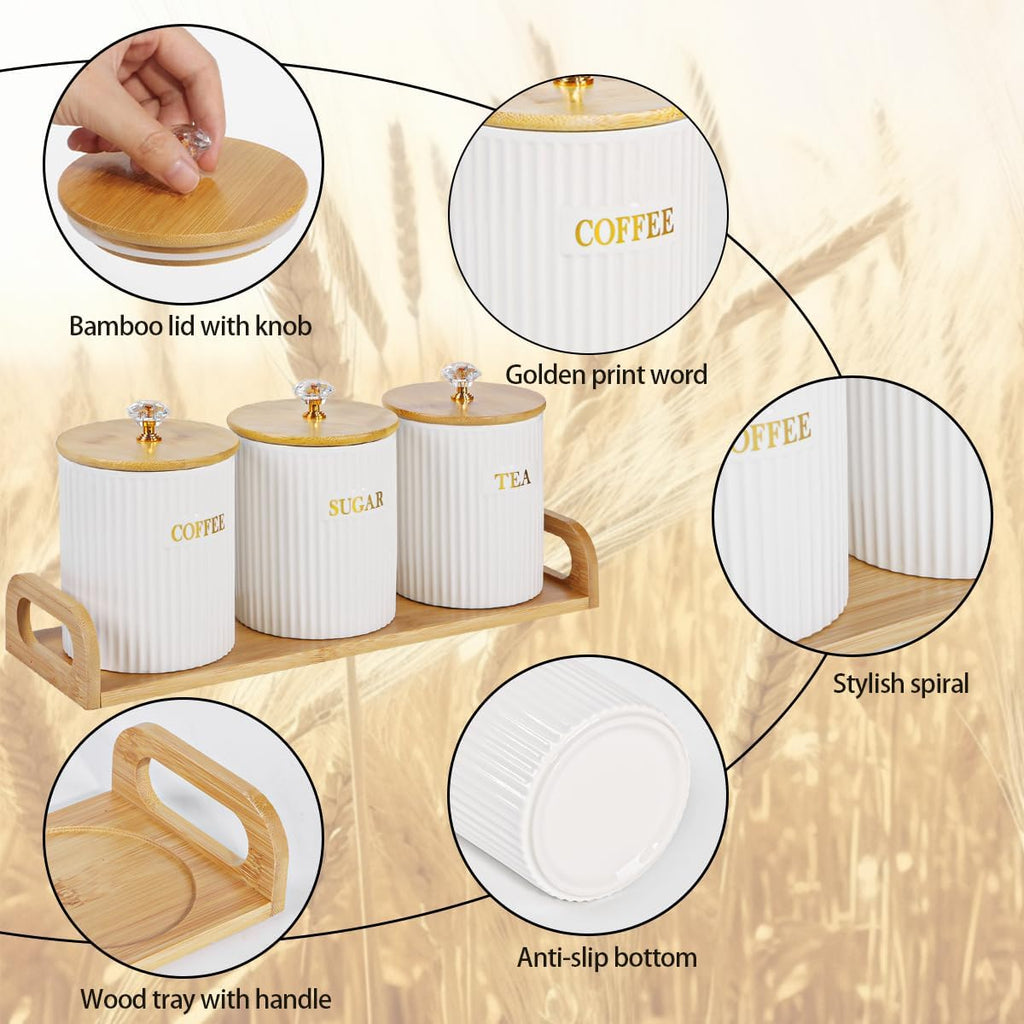Ceramic Storage Canister for Coffee Sugar Tea, Kitchen Pantry Container with Bamboo Lids and Tray, White - Set of 3