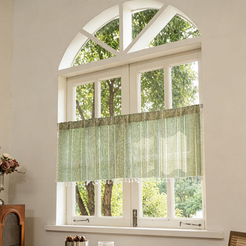 Green Boho Curtain 52W x 18L inch White Striped Light Filtering Short Valance, 1 Panel Embroidery Bohemian Farmhouse