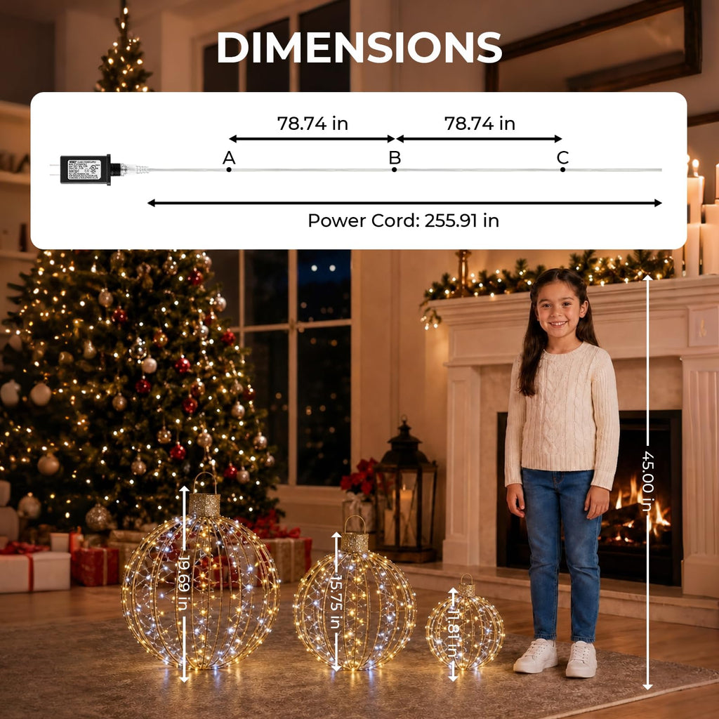 3-Piece Large Lighted Balls Outdoor Christmas Decorations Light Balls Outdoor Hanging Christmas Twinkle Ornaments Set