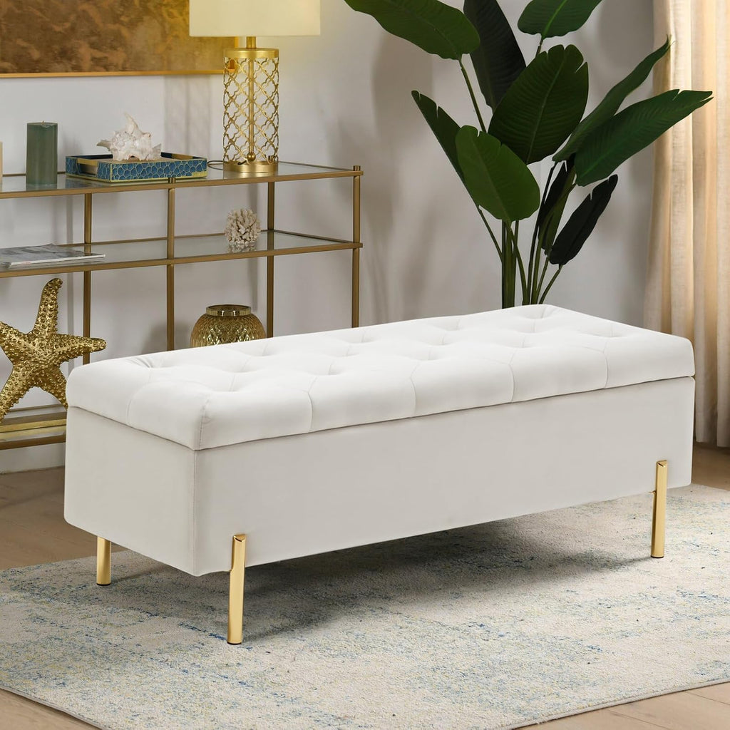 Velvet Storage Bench Ottoman,Versatile Seating with Hidden Storage,End of Bed Bench,Tufted Bench ,Ivory
