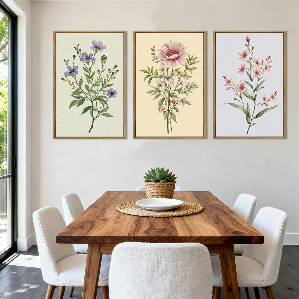 Boho Floral Canvas Wall Art, Framed Minimalist Beige Wildflower Wall Decor, Neutral Botanical Painting 16x24 Inch Set