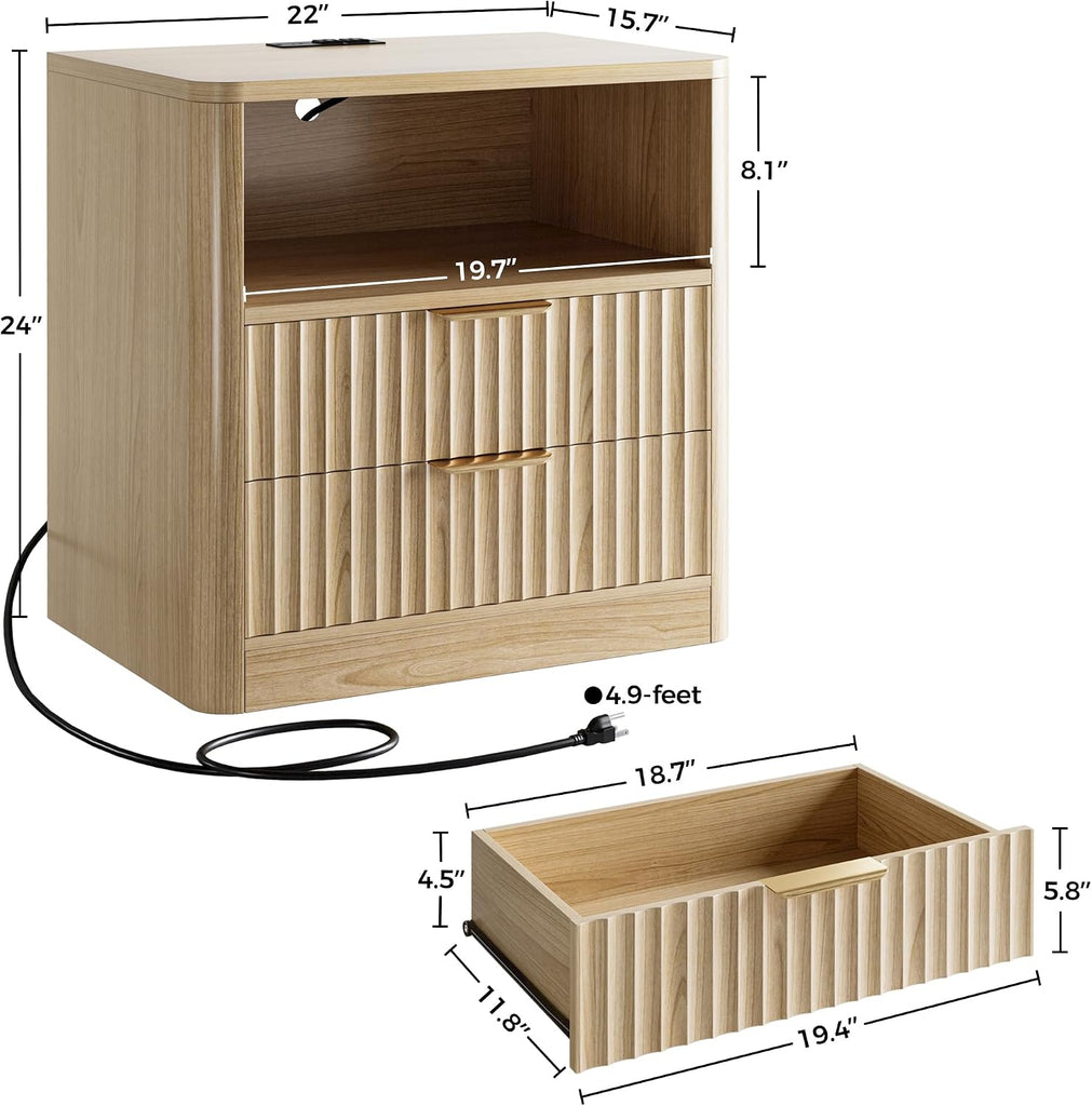 Fluted Night Stand Set of 2, Modern Nightstand with Charging Station, Drawers and Open Shelves - Bedside Table Wood