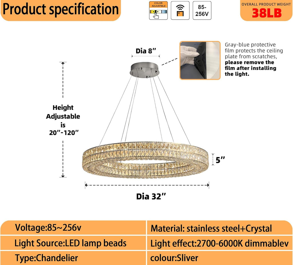Modern Luxury Crystal Chandelier for Dining Room 32" LED Ring Pendant Light Adjustable Dimmable 2700k-6000k