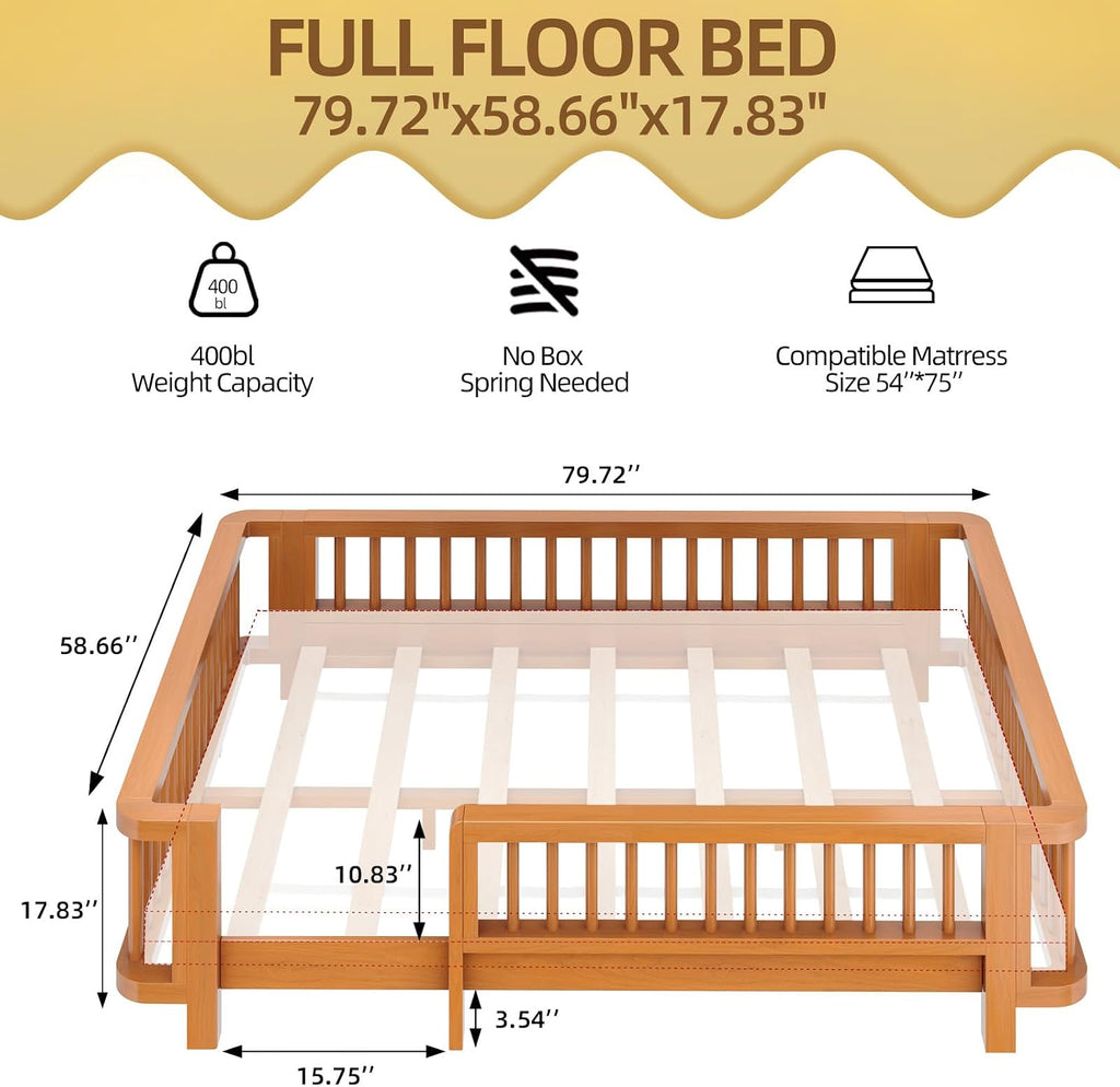 Full Bed Frames for Kids, Solid Wood Montessori Toddler Floor Bed Frame | Smooth Curved Corners & Full Length Safety