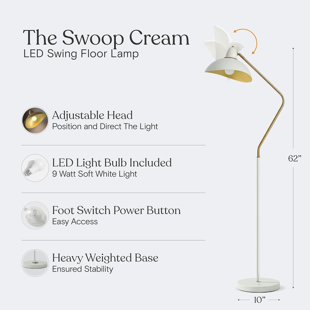 Swoop LED Floor Lampwith Adjustable Head, Modern Floor Reading Lamp for Over Chair, Living Rooms & Offices