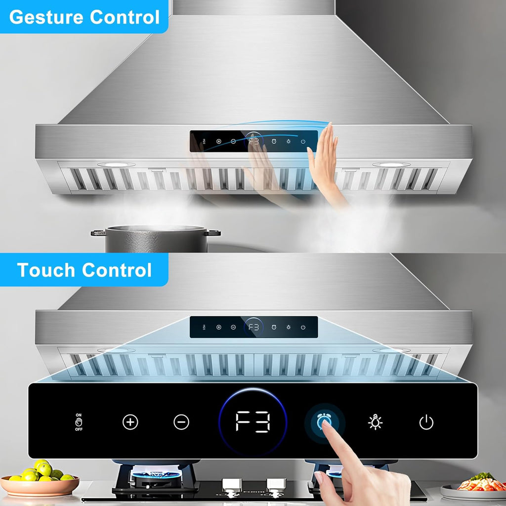 30 Inch Stainless Steel Wall Mount Range Hood 1200 CFM 4 Speed Gesture & Touch Control, LED Lights Dishwasher-Safe Baffle Filters, Ducted Timer
