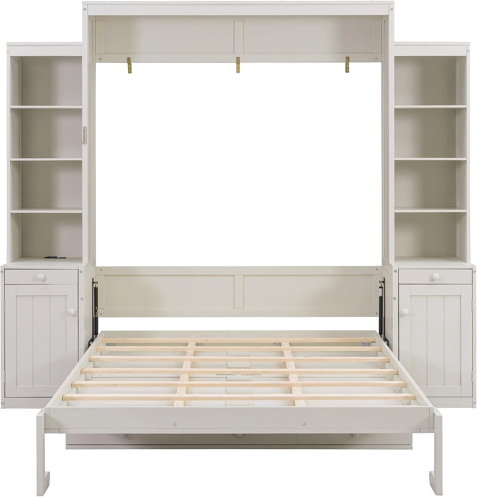 Queen Murphy Bed with Desk and Lights, Power Outlet, Foldable Murphy Cabinet Bed with Open Storage Shelves & Drawers