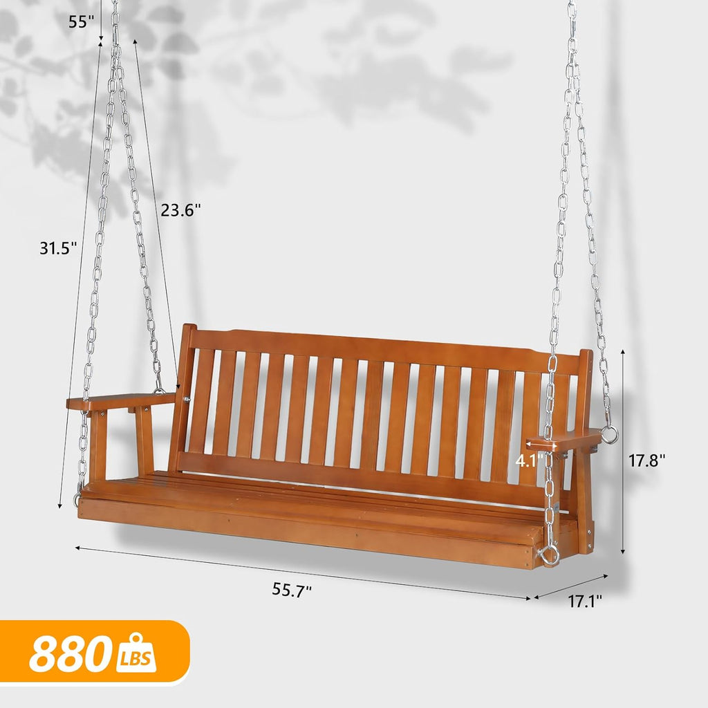 Upgraded 5 FT Wooden Porch Swing, 880 LBS Solid Fir Wood, Brown | Heavy-Duty Fir Wood Frame; 880-Lb Capacity;