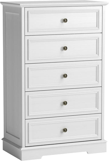 White Dresser , 44" Tall 5 Drawer Dresser, Wooden Chest of Drawers with Large Storage, Vertical Dressers for Closet