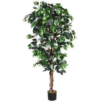 6FT Artificial Ficus Silk Tree, Potted Fake Tree w/Green Leaves and Natural Trunk, Maintenance Free, Tall Faux Plant