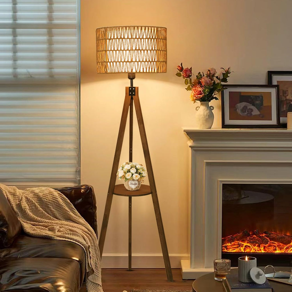 Boho Tripod Floor Lamps, Rattan Wood Floor Lamp with Fabric Shades, Mid Century Standing Lamp with Shelf, Foot Switch