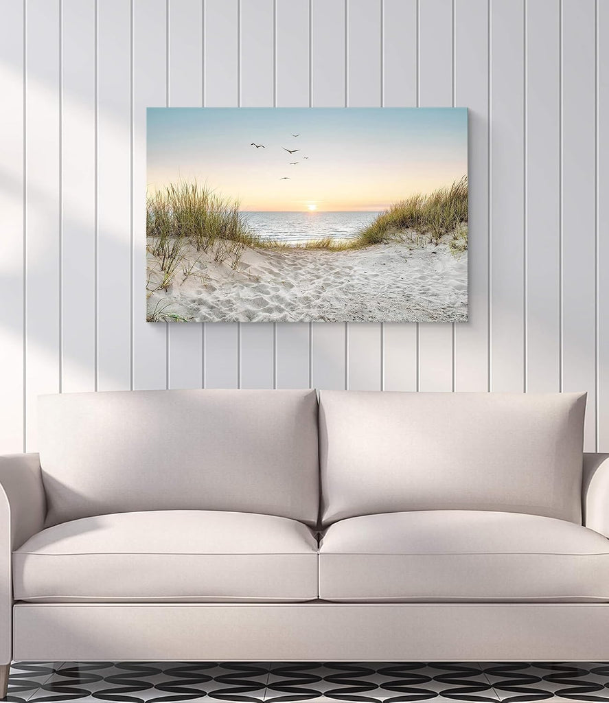 Coastal Wall Art Canvas Picture: Modern Beach Sunset Landscape Print Decor Horizontal Ocean Scene Sea Painting