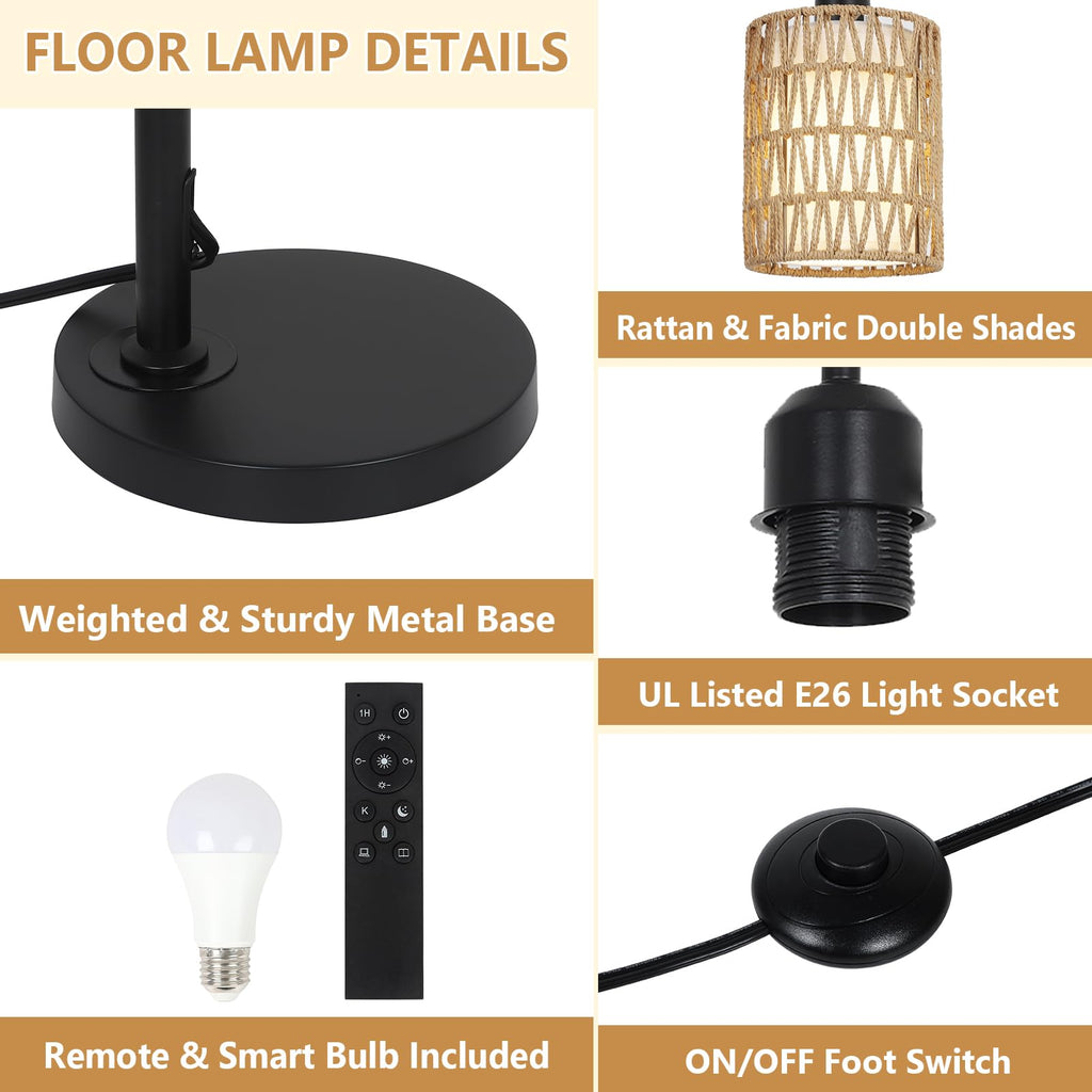 Floor Lamp with Remote, Dimmable Rattan Floor Lamp with LED Bulb, Industrial Black Tall Pole Lamp with Rattan &